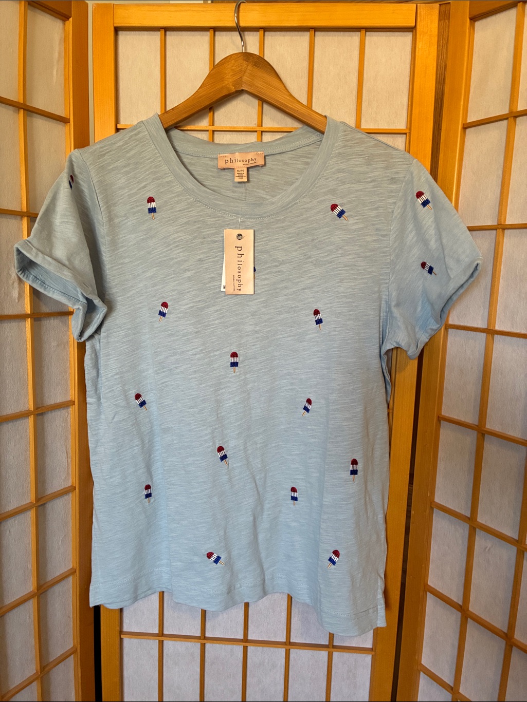 Philosophy Light Blue Tee With Red, White & Blue Popsicle Embroidery